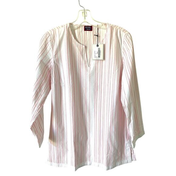 UNTUCKit Striped Linen Cotton Tunic Blouse Top White Pink Size 8 NEW - Picture 1 of 8